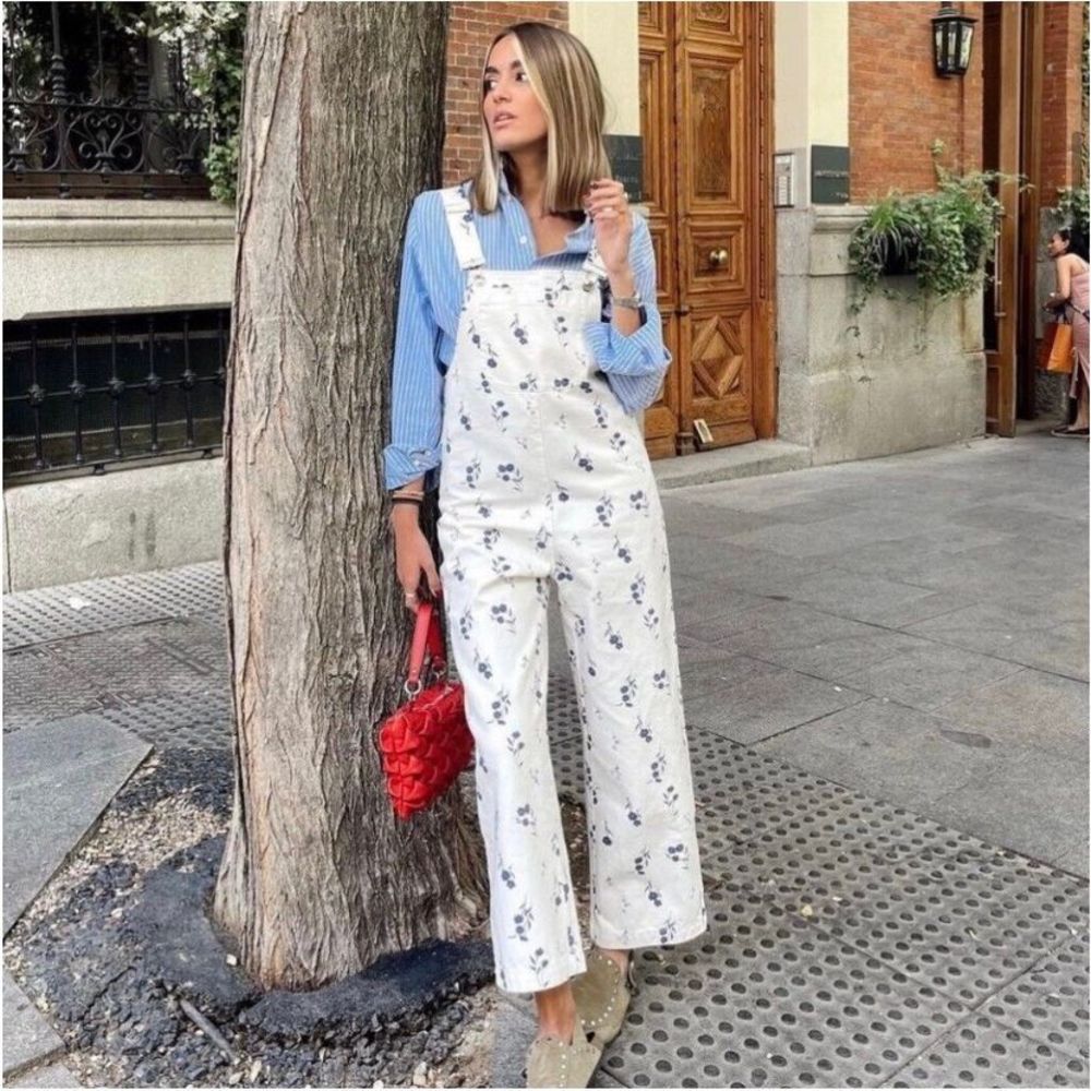 Zara White Floral Denim Overalls with Blue Floral Print